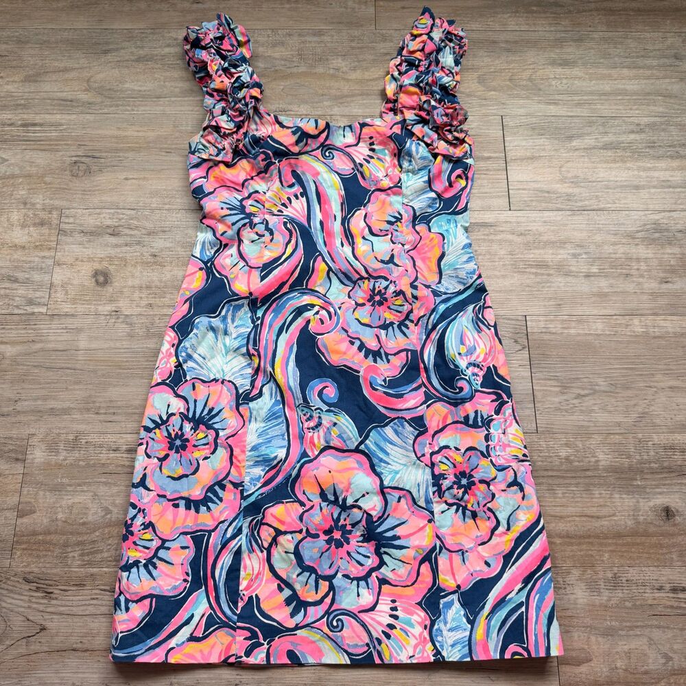 Lilly Pulitzer Devina Stretch Dress Women's Size 2 Pink Blue Floral Ruffle Strap